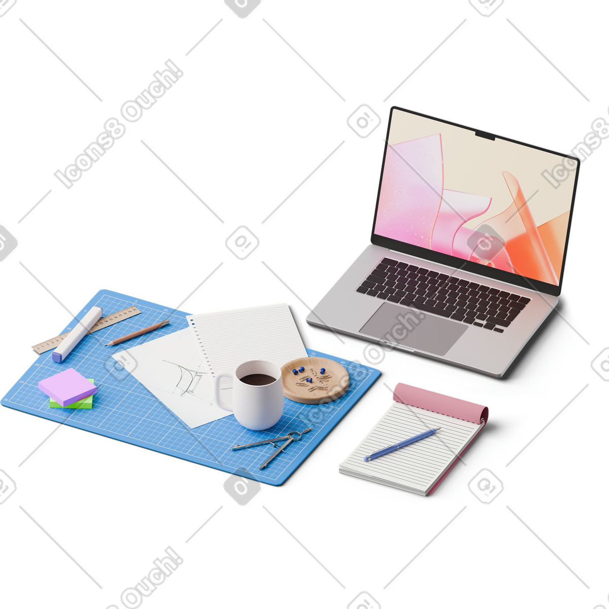 Illustration Vue isométrique du bureau design avec des notes et papiers de croquis chaise dans le style 3D Hygge à télécharger aux formats PNG, SVG