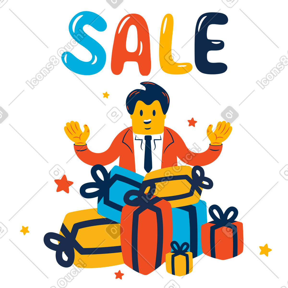 Illustration Lettrage de vente et homme avec des cadeaux dans le style Flame à télécharger aux formats PNG, SVG