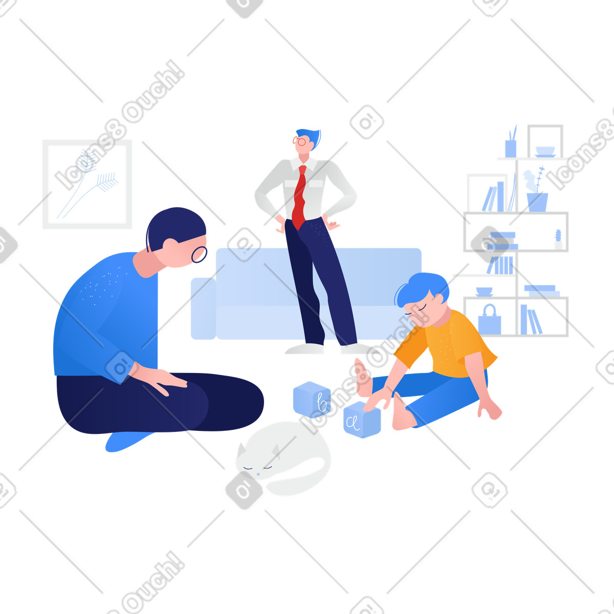 Parents and child playing at home illustration in Clip style download in PNG, SVG