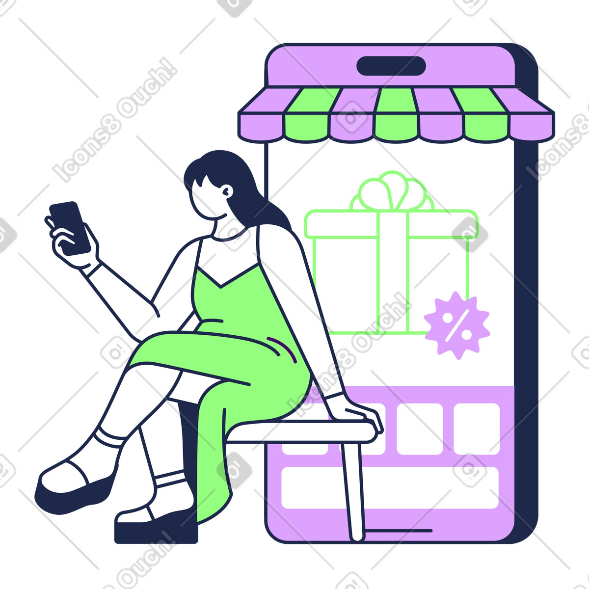 Checking out special offers on phone, mobile shopping and discounts illustration in Outline style download in PNG, SVG