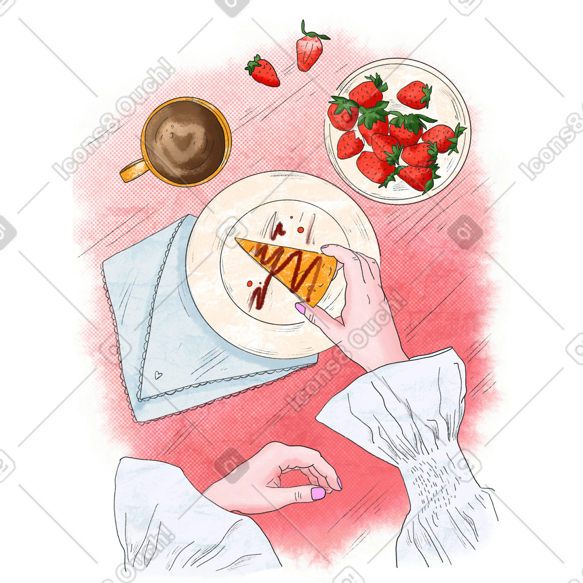 Moments 스타일의 Beautiful breakfast with cake and coffee fresh strawberries 일러스트레이션 PNG, SVG 다운로드