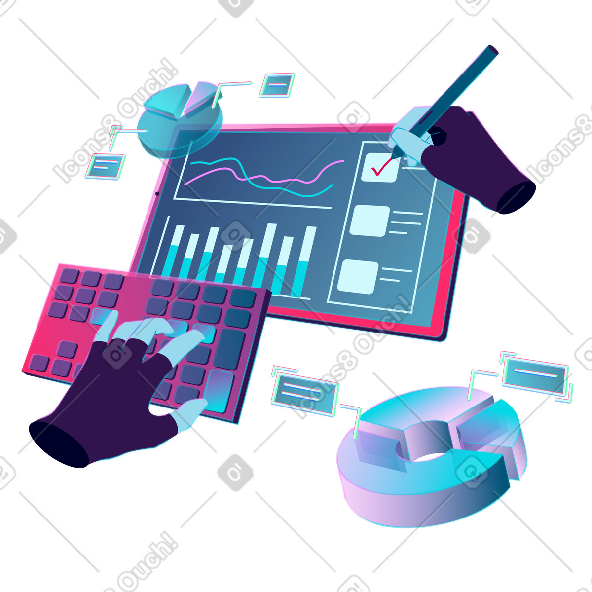 Иллюстрация Futuristic interactive dashboard with analytics, Business intelligence visualization в стиле Neon — скачать в форматах PNG, SVG