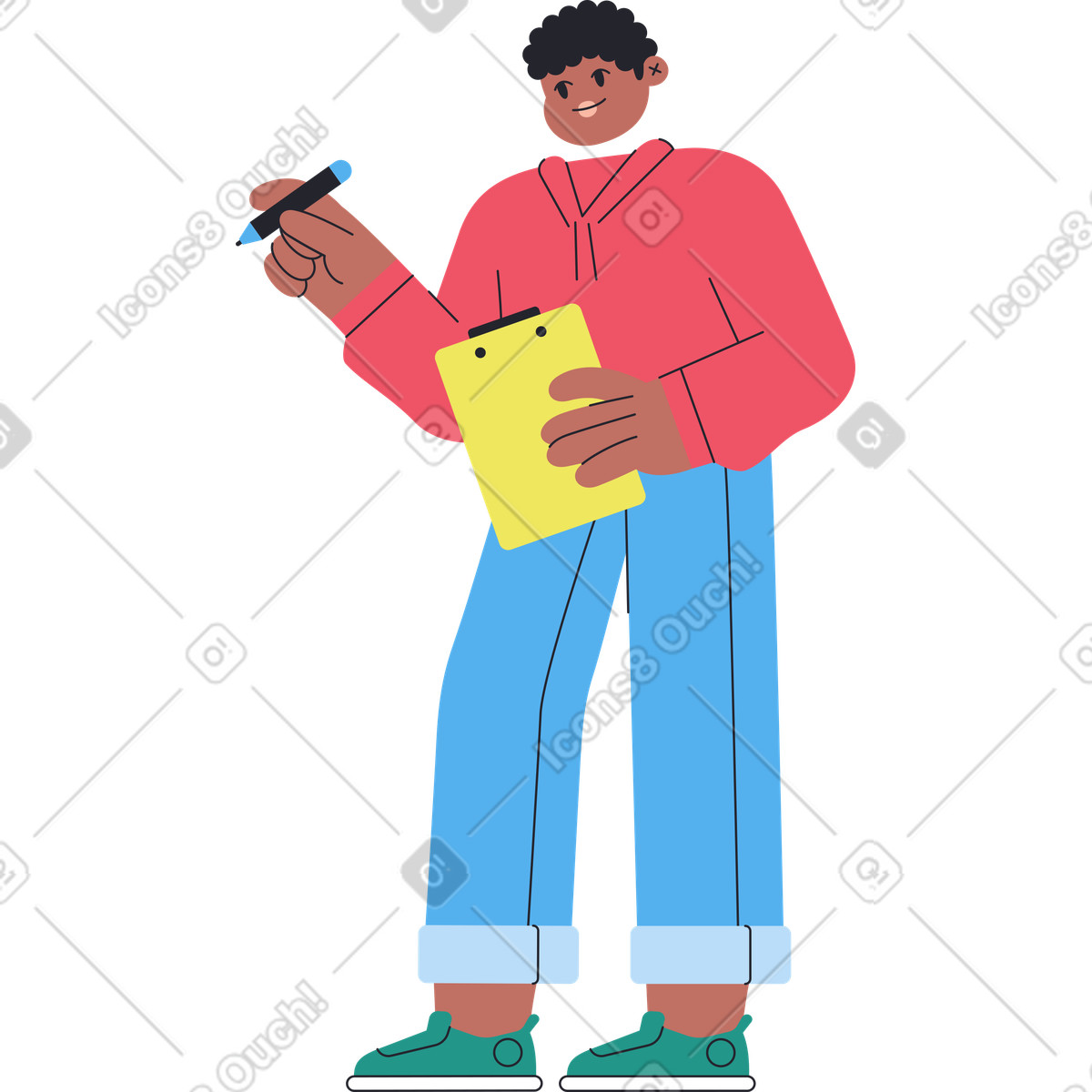 Ilustración Hombre de pie y sosteniendo un portapapeles marcador en estilo Boba a descargar en PNG SVG
