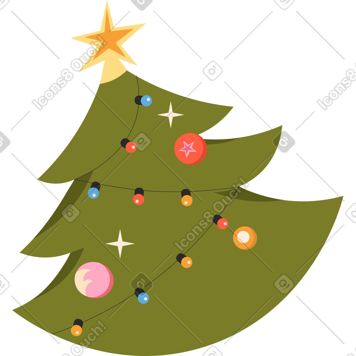 Weihnachtsbaum mit spielzeug und stern-Illustration im Dizzy-Stil als Download in PNG, SVG