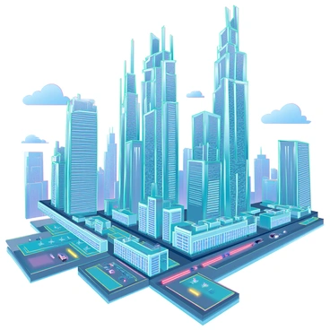 A sprawling cityscape featuring tall skyscrapers arranged in an intricate hashtag pattern. The buildings are made of glass and steel, reflecting the sunlight and creating a shimmering effect. Each skyscraper has unique architectural designs, with some adorned with greenery and terraces. The streets below are bustling with people, and futuristic vehicles traverse the avenues, adding to the vibrant atmosphere. In the background, a clear blue sky is dotted with a few fluffy clouds, enhancing the modern urban scene.