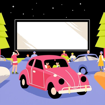 A bright red Beetle car is parked in front of a large outdoor movie screen at a drive-in theater. The screen displays a classic black and white film, casting a soft glow over the scene. Surrounding the Beetle, there are several other parked cars, some with people sitting inside. In the background, there are tall trees framing the theater, and stars twinkle in the night sky above. A few people are walking around, holding snacks and drinks, adding to the lively atmosphere of the drive-in movie experience.