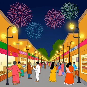 A vibrant street filled with colorful glowing Diwali lamps hanging from every pole and lining the sidewalks. The lamps emit a warm golden light, illuminating the surroundings. In the night sky above, an array of colorful fireworks bursts, creating patterns of red, blue, and green. The street is lined with small shops and stalls adorned with festive decorations. Each stall showcases traditional Indian sweets and decorations. There are people gathered, some pointing at the fireworks, while others are exchanging gifts and sweets, all dressed in colorful festive attire.