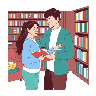 A couple is standing side by side, browsing through shelves filled with various books in a cozy bookstore. The woman has long brown hair tied back and is wearing a soft blue sweater. She is reaching for a book with a yellow cover, while smiling at her partner. The man has short black hair and is wearing a white shirt underneath a teal cardigan. He is holding a book with a red cover and glancing at the woman. The atmosphere is warm, with soft lighting illuminating the wooden bookshelves, and a few comfortable chairs are scattered around the store, inviting customers to sit and read.