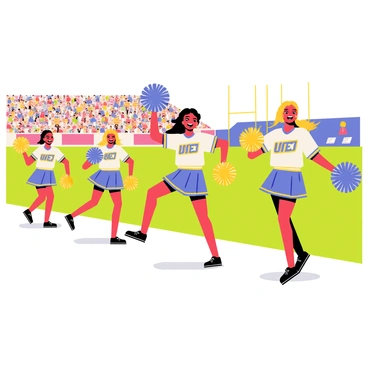 A squad of cheerleaders in vibrant uniforms performing a dynamic routine on the sidelines of a game. The cheerleaders are executing high-energy jumps and synchronized movements. Each cheerleader has pom-poms in their hands, which are brightly colored and sparkling. The background features a cheering crowd with colorful banners and flags, while a football field is visible with goalposts in the distance. The expressions on the cheerleaders' faces show enthusiasm and determination.