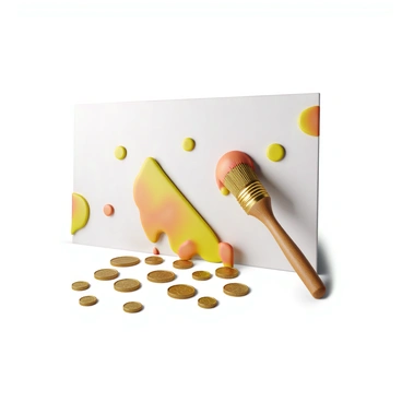 A giant paintbrush with a wooden handle and bristles dripping with vibrant colors is sweeping across a large white canvas. The bristles leave behind a shimmering trail of golden coins, which scatter across the canvas in a dynamic pattern. The coins vary in size and shine, reflecting light as they create a striking contrast against the canvas. The scene captures the moment of artistic creation, with splashes of color surrounding the paintbrush and canvas.