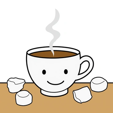 A white teacup with a smiling face drawn in black ink on the front. Steam rises from the cup, swirling and gently dissipating into the air. The teacup is placed on a wooden table, and several fluffy white marshmallows are scattered around it. Some marshmallows are larger, while others are small and round. The scene conveys a cozy and inviting atmosphere, focusing on the cheerful teacup and its playful surroundings.