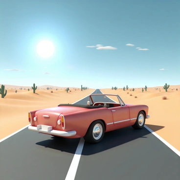 A sleek, red convertible with its roof down is cruising along a long, straight desert road. The car's shiny body reflects the bright sunlight, showcasing its polished curves. Surrounding the road are vast stretches of golden sand and sparse desert vegetation, with a few scattered cacti in the background. The sky is an expansive, deep blue with a few wispy white clouds, emphasizing the clear and sunny conditions. The sun is high, casting distinct shadows from the car onto the asphalt road.