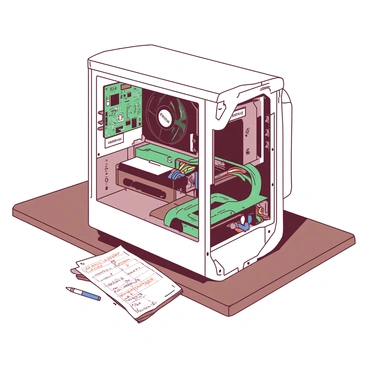 An open desktop computer with labeled components to demonstrate their functions