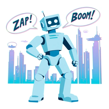 A small robot with a distinctive square head and large, expressive eyes stands in a dynamic pose. He has a sleek, metallic body with defined contours and a classic hairstyle that resembles a tuft. His arms and legs are articulated, showing off his agility. The background features a futuristic cityscape with towering buildings and flying vehicles, all rendered with a retro aesthetic. The scene is filled with bright primary colors, highlighting the robot's expressive features and energetic stance. The image includes speech bubbles with onomatopoeic words like "Zap!" and "Boom!" to convey action.