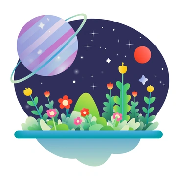 A vibrant garden is floating in space, with colorful flowers blooming in various shades of red, yellow, and blue. The garden is lush with greenery, featuring tall bushes and delicate plants that sway gently. Above, a deep black sky is scattered with shimmering stars and several planets of different sizes and colors are visible. A large, ringed planet with a mix of purple and blue hues looms in the background, while a smaller, red planet is situated to the right. A soft glow emanates from the celestial bodies, illuminating the garden below.