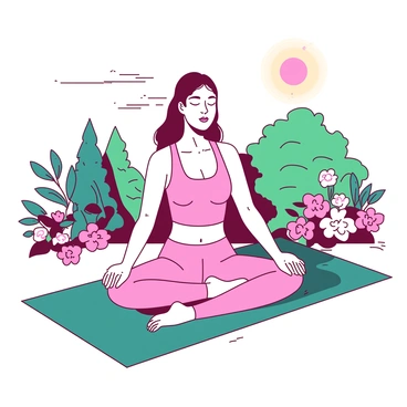 A pink woman is sitting cross-legged on a teal yoga mat. She is wearing comfortable yoga attire and has her eyes closed while meditating. Surrounding her, there are lush green trees and colorful flowers that create a vibrant backdrop. The sun is shining softly, casting warm light over the scene. A gentle breeze is rustling the leaves, adding a sense of tranquility to the atmosphere.