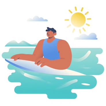 A surfer with tanned skin and defined arm muscles is paddling through the water. The surfer is wearing a bright blue wetsuit and has short, tousled hair. The ocean water is a clear turquoise, with gentle waves surrounding the surfer. The sun is shining brightly overhead, creating glimmers on the water's surface. In the background, there are distant rolling hills and a few fluffy white clouds scattered across the sky.