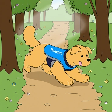 A dog wearing a personalized adventure vest while exploring a forest path.