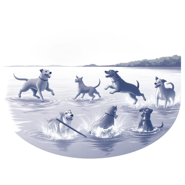 A group of playful dogs are energetically splashing in the clear waters of Lake Como. The dogs are various breeds, all full of energy and excitement. Some are jumping into the water, while others are swimming or paddling, creating ripples and waves around them. One dog is focused on a stick floating in the water, with its mouth open, eagerly preparing to catch it. In the background, the serene shoreline of the lake is visible, lined with lush greenery and smooth stones. The overall scene captures a moment of joy and playfulness within a natural setting.