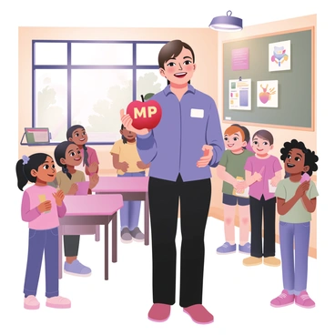 A teacher standing in a vibrant classroom, smiling with joy. The teacher has medium skin and is wearing a blue blouse and black pants. In their right hand, they are holding a bright red apple labeled "MVP" in golden letters. A group of diverse students is gathered around, with one child of Asian descent on the left, holding a colorful card, and another child of African descent on the right, clapping their hands in excitement. The classroom is filled with colorful bulletin boards displaying student work, and there are bright drawings hanging on the walls. Sunlight streams in through large windows, illuminating the cheerful atmosphere.