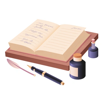 A digital flat illustration depicting an old-fashioned ledger book opened on a polished wooden desk. The ledger has yellowed pages, with handwritten entries in elegant script visible. Beside the ledger, there is a classic quill pen resting against the edge and an ornate ink bottle with a cork stopper, filled with deep black ink. The wooden desk features a rich grain texture, and there are subtle shadows highlighting the items on the surface.