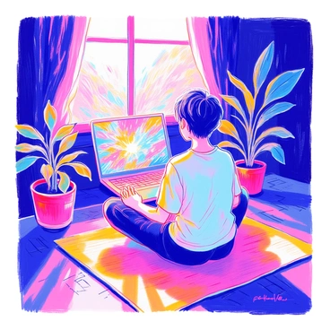 A person is seated cross-legged on a mat, engaged in meditation. The individual has short black hair and is wearing a simple, loose-fitting white shirt. In front of them, a laptop screen displays a chaotic digital storm, with bright flashes of color and swirling patterns. The room is dimly lit, creating a contrast between the calm demeanor of the person and the vibrant, dynamic display on the screen. Surrounding the individual are a few potted plants, adding a touch of greenery to the scene.