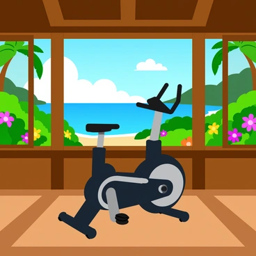 An exercise bike in a hut overlooking a tropical landscape