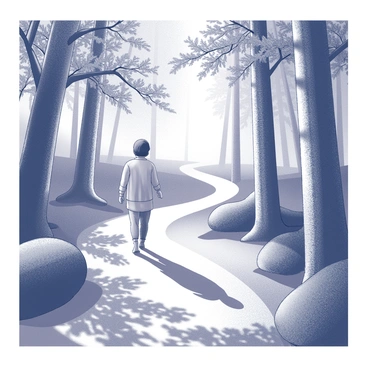 A figure is walking along a path that winds through a dense forest. The path is dappled with light and shadows created by the sunlight filtering through the canopy of leaves above. The figure is wearing a light-colored outfit, and their body language suggests a relaxed demeanor as they stroll. Surrounding the path are various trees, their trunks thick and textured, with foliage that casts intricate patterns on the ground. The atmosphere is filled with the interplay of light and shadow, enhancing the scene's depth and dimension.