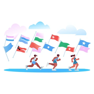 Colorful flags from various countries are displayed along a marathon course. Each flag flutters in the breeze, showcasing vibrant colors and distinctive designs. The flags are attached to tall poles planted at regular intervals, creating a festive atmosphere. Runners in athletic gear are seen on the course, focused and determined as they make their way past the flags. The background features a clear sky with a few fluffy clouds, adding to the cheerful ambiance of the event.