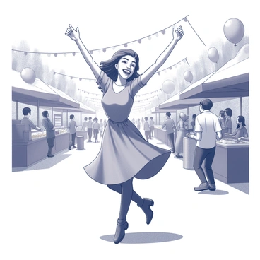 A person is dancing joyfully in a bustling street festival. They are wearing a flowing outfit that captures movement, with arms raised and a wide smile on their face. The background features vibrant decorations, with people laughing and chatting nearby. Stalls line the street, showcasing various items, while balloons and banners add to the festive atmosphere. The scene is filled with energy and excitement, capturing the essence of celebration.