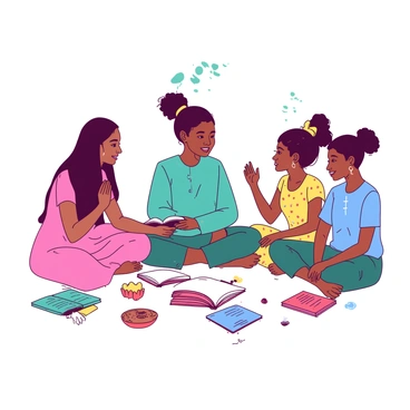 A teal Malala is sitting cross-legged in a circle with three diverse friends. Each friend has a unique appearance, showcasing different cultural backgrounds. One friend is wearing a vibrant pink traditional outfit, another has on a blue casual shirt paired with colorful accessories, and the third is dressed in a yellow patterned dress. They are all engaged in sharing stories, with expressions of joy and curiosity on their faces. Surrounding them, there are small colorful items like books and snacks scattered on the ground, contributing to their friendly atmosphere. The setting has a natural feel, suggesting an outdoor gathering, with sunlight filtering through the leaves above.