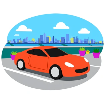 A 3D car parked on a rooftop garage overlooking a city skyline