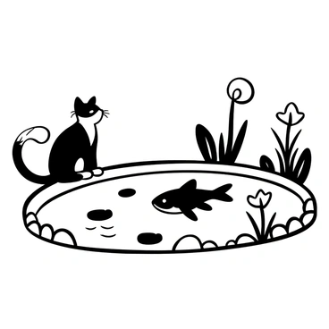 A curious cat with distinctive black and white fur is perched on the edge of a backyard pond, its body tense with anticipation. The pond is filled with gently rippling water, and a large carp swims gracefully beneath the surface. Lily pads dot the water, and nearby, tall grasses sway softly in the breeze. Small stones line the pond’s edge, creating a natural boundary. The cat's tail is raised high in excitement as it watches the carp with focused interest. "What a fascinating sight," the scene suggests, capturing the moment of curiosity.