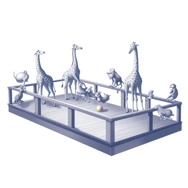 A large wooden deck is filled with different animals engaging in various playful activities. On one side, a pair of giraffes are stretching their necks playfully, while a group of monkeys swings from the railings. Near the center, a lion cub is pouncing playfully on an oversized ball, while a few rabbits hop around, chasing each other in circles. A colorful parrot is perched on a beam, flapping its wings excitedly. In the background, several animals are gathered, some observing the antics while others join in the fun. The serene environment is filled with laughter and playful chatter among the animals.