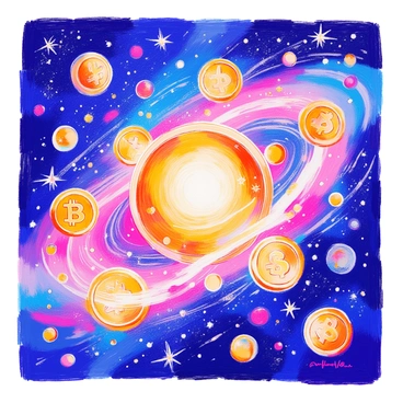 A galaxy filled with swirling "bitcoins" that resemble stars and planets. The bitcoins are depicted in shades of gold and orange, catching light as they orbit around a central bright core. There are clusters of "bitcoins" of varying sizes throughout the galaxy, creating a dynamic sense of movement. The background features deep blues and purples, enhancing the contrast with the golden "bitcoins." Wisps of "stardust" in white and silver swirl between the coins, adding depth and richness to the scene.