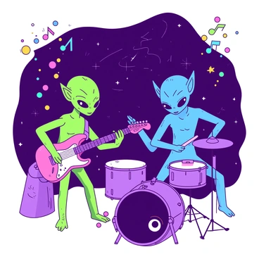 A vibrant cosmic scene features two alien musicians performing at a concert. One alien, with green skin and large expressive eyes, is playing a pink electric guitar, while the other, with blue skin and multiple arms, skillfully plays a purple drum set. Surrounding them, colorful lights pulsate and shimmer against a backdrop of distant stars and swirling galaxies. The atmosphere is filled with musical notes represented as colorful orbs floating through the air, creating a lively and dynamic environment for the performance.