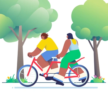 Two friends are riding a tandem bicycle through a leafy park. The first friend has curly brown hair and is wearing a bright yellow t-shirt and blue shorts. The second friend has straight black hair and is dressed in a light blue tank top and green leggings. The bicycle is painted in a vivid red color, with white tires. Surrounding them are tall trees with dense green foliage, casting dappled sunlight on the path below. In the background, there are patches of colorful wildflowers blooming along the trail.