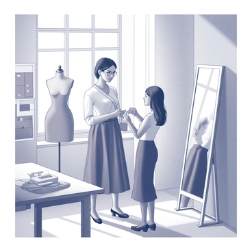 A tailor is adjusting a new skirt on a client in a fashion studio. The tailor, wearing a measuring tape around their neck, carefully pins the fabric to ensure a perfect fit. The client stands still, with a look of anticipation on her face, as she observes her reflection in a full-length mirror. The room is filled with patterns and swatches of various fabrics, along with a dress form displaying another design. Sunlight streams in through a large window, illuminating the workspace and casting soft shadows on the floor. Various sewing tools are scattered on a nearby table, adding to the creative atmosphere of the studio.