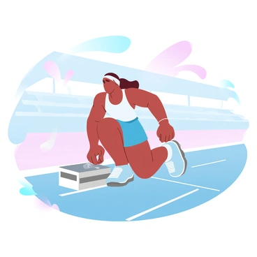 A sprinter in athletic gear is positioned at the starting line, crouched down with one knee on the ground and hands gripping the track surface. The starting blocks are placed in front of them, and the sprinter's body is tense with anticipation, showcasing strong, defined muscles. The track is marked with bold white lines, and the background features blurred outlines of stadium seating. A vibrant burst of color radiates from the starting line, creating an energetic atmosphere around the athlete.