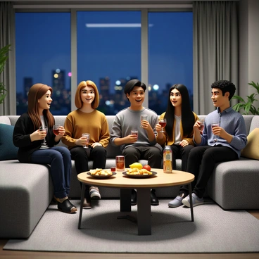 A group of five coworkers, consisting of two women and three men, is gathered in a modern lounge area. They are sitting on a large, plush sectional sofa with soft gray upholstery. A low coffee table in front of them is filled with an assortment of snacks, including a bowl of chips, a platter of cheese and crackers, and some fresh fruit. Each person is holding a drink; one woman has a glass of red wine, while the others have beer bottles and a sparkling water can. The atmosphere is casual and relaxed, with smiles and animated conversation. Behind them, there is a large window showcasing a nighttime city skyline. Soft ambient lighting enhances the friendly vibe of the gathering.