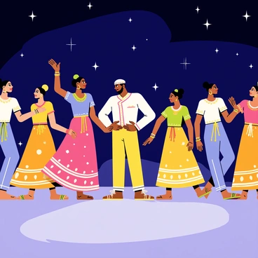A group of traditional dancers is performing energetically in vibrant costumes with intricate patterns. Their attire features bright colors, adorned with decorative elements such as beads and sequins. The dancers are moving gracefully, showcasing various traditional dance poses. In the center, Maveli, depicted as a tall figure with a warm smile, is watching the performance with admiration. The backdrop is a dark blue starlit sky, filled with twinkling stars. The ground is illuminated by soft lights that create a magical atmosphere around the dancers.