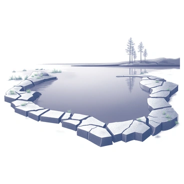 A lake with a significantly reduced water level is surrounded by cracked mud. The dry, parched earth is visible in various patterns, showcasing the impact of the shrinking water. Sparse patches of grass and small plants struggle to survive along the periphery. The shoreline reveals the stark contrast between the water's former presence and the current dry landscape. In the background, a few distant trees stand, adding to the sense of desolation.