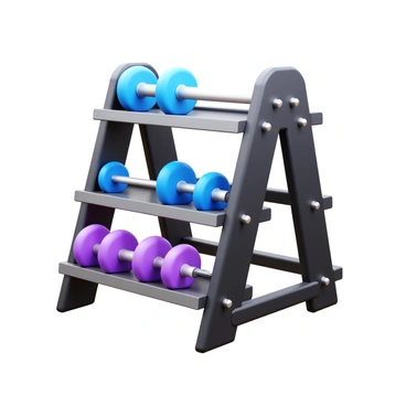 A 3D icon of a compact dumbbell rack designed for home use. The rack features a sleek and modern design, showcasing multiple tiers to hold various sizes of dumbbells. The colors of the rack are a combination of matte black and shiny silver. Each tier is ergonomically angled for easy access to the dumbbells. The rack is set against a minimalistic background, emphasizing its compact and space-saving design. There are six dumbbells of different weights neatly arranged on the rack, each with a distinct color to indicate their size.