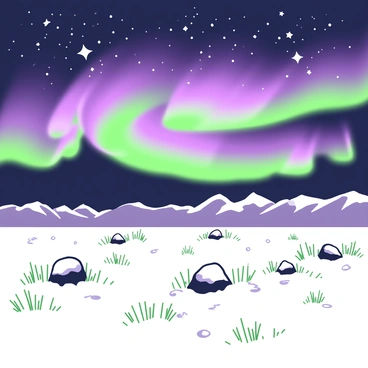 A wide view of an Arctic tundra during the night. The ground is covered with a layer of snow, and there are patches of sparse, frozen grass. In the foreground, a few snow-covered rocks are scattered across the landscape. Above, the "aurora borealis" displays vibrant ribbons of light swirling across the sky, creating a mesmerizing scene. The sky is filled with stars, shining brightly in the clear night. The wind causes a gentle movement of snowflakes in the air, adding a dynamic element to the serene setting.