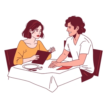 Two people at a restaurant table, one of them nervously fiddling with the menu