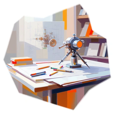 A drafting table is positioned in a well-lit workspace, covered with an assortment of intricate mechanical blueprints showcasing detailed schematics and engineering designs. Various drawing tools are scattered across the surface, including precision rulers, compasses, pencils, and erasers, each carefully arranged to suggest active use. The blueprints exhibit complex diagrams, featuring gears, levers, and measurements, providing a glimpse into a creative engineering project. The background displays shelves filled with more drawing supplies and reference books, enhancing the environment of a busy designer's studio.