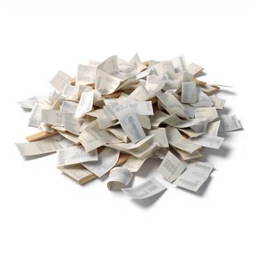 A large pile of crumpled receipts scattered haphazardly on a wooden floor. The receipts are of various sizes and colors, showing visible printed text and barcodes. Some receipts are partially unfurled, while others are tightly bunched together. Light reflects off the glossy paper, creating a mix of shadows and highlights. The surrounding area is clear, emphasizing the chaotic arrangement of the receipts.
