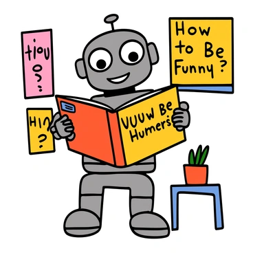 A robot with a shiny metallic exterior and large expressive eyes is standing in a bright, cheerful room. It is holding a book titled "How to be Funny" with both hands, looking curiously at the pages. The robot has small antennas on its head and a friendly smile displayed on its face. The room is decorated with colorful posters and a small potted plant on a table nearby. The robot’s body is slightly tilted as if trying to comprehend the humor, conveying a sense of inquisitive innocence.
