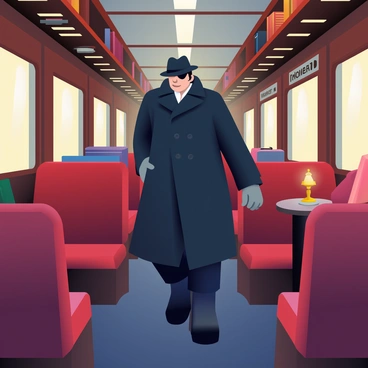A thief with a dark trench coat is sneaking through the narrow compartments of a vintage train. The thief has short black hair partially hidden by a fedora, and their face is partially obscured by shadows. The train compartments are adorned with rich wooden paneling and plush red velvet seats, creating an atmosphere of old-world elegance. Dim, warm lighting casts shadows along the narrow aisle, enhancing the stealthy movement of the figure. Scattered luggage is placed in the overhead racks, and a small brass lamp flickers softly on a nearby table. The thief's gloved hands are poised cautiously as they move silently through the train.