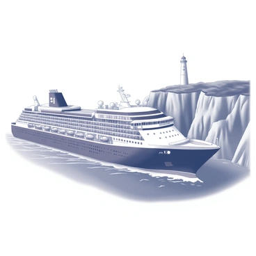 A grand cruise ship with multiple decks and large windows is sailing into a harbor. The ship has a prominent bow and a variety of life boats secured on the sides. Surrounding the harbor, there are rugged cliffs adorned with greenery. The water is illustrated as a smooth, rippling surface, reflecting the ship's silhouette. In the distance, a small lighthouse stands tall on the shore, enhancing the nautical scene.